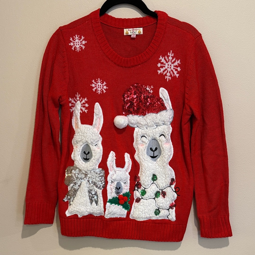 Poof! Festive three Red Llama Super cute Ugly Christmas Holiday Sweater